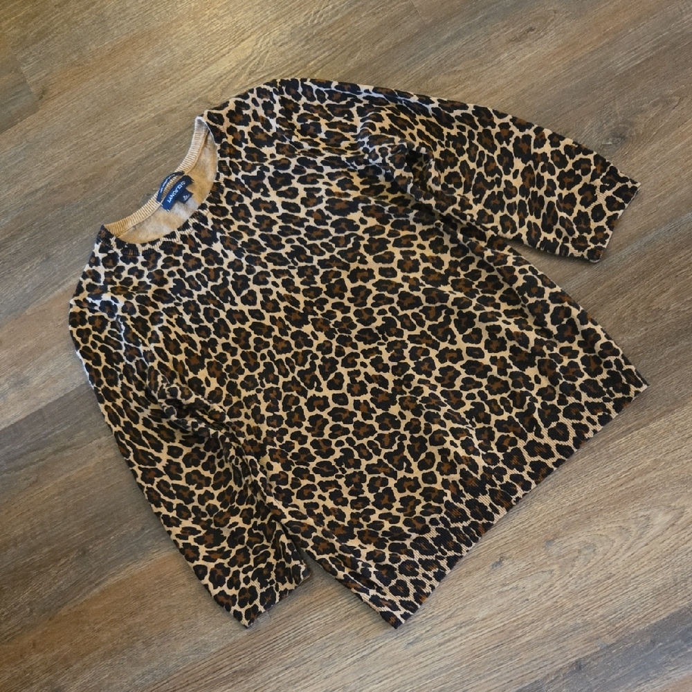 Lands End Leopard Print, Three-Quarter Sleeve Crew Neck Sweater